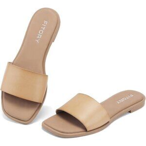 Women's Light Brown Single Strap Cushioned Footbed Open Slide Sandals Slippers